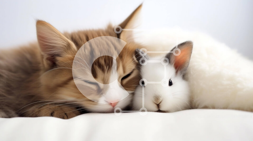 Intra Συλλεκτικό Ξύλινο Παζλ Plywood  4mm - Καφέ και άσπρη γάτα αγκαλιά με λευκό κουνέλι Σε Ξύλινο Κουτί - Διαστάσεις: 10x10 cm – 25 κομμάτια