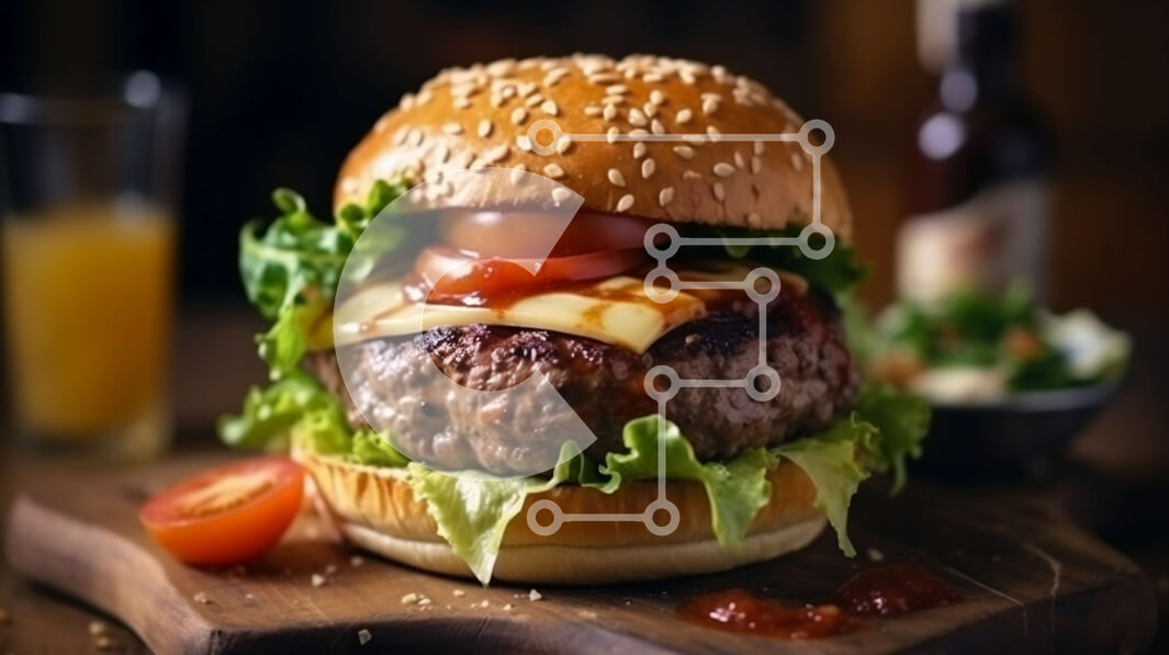 Σετ των 2 Intra Συλλεκτικό Ξύλινο Παζλ Plywood  4mm - Καταπληκτική εικόνα ενός Cheeseburger με μαρούλι, ντομάτα και κέτσαπ σε ένα κουλούρι με τηγανιτές πατάτες στο βάθος Σε Ξύλινο Κουτί - Διαστάσεις: 10x10 cm – 25 κομμάτια