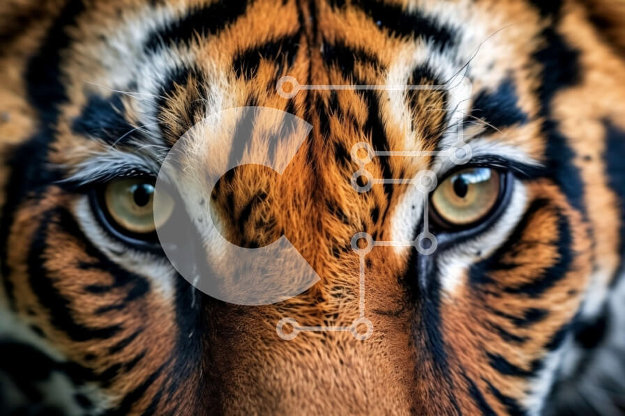 Σετ των 2 Intra Συλλεκτικό Ξύλινο Παζλ Plywood  4mm - Έντονη κοντινή πλάνο του προσώπου μιας τίγρης με πορτοκαλί και μαύρες ρίγες και πράσινα μάτια Σε Ξύλινο Κουτί - Διαστάσεις: 10x10 cm – 25 κομμάτια