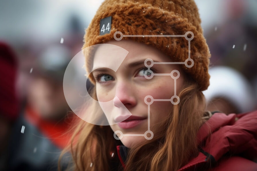 Intra Συλλεκτικό Ξύλινο Παζλ Plywood  4mm - Σοβαρή γυναίκα με καφέ Beanie και κόκκινο κασκόλ που κοιτάζει την κάμερα Σε Ξύλινο Κουτί - Διαστάσεις Puzzle: 10x10 cm – 25 κομμάτια