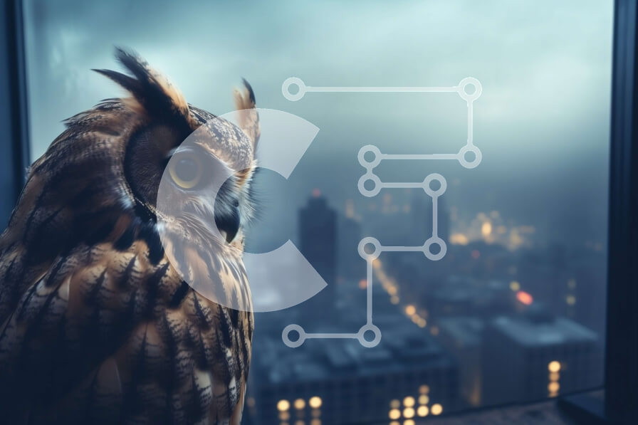 Σετ των 2 Intra Συλλεκτικό Ξύλινο Παζλ Plywood  4mm - Η περίεργη κουκουβάγια σκαρφαλωμένη σε ένα περβάζι παραθύρου, κοιτάζοντας έξω στο αστικό τοπίο Σε Ξύλινο Κουτί - Διαστάσεις: 10x10 cm – 25 κομμάτια