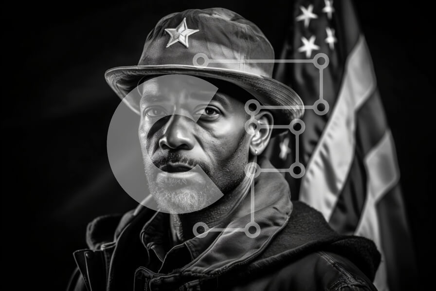 Intra Συλλεκτικό Ξύλινο Παζλ Plywood  4mm - Πορτρέτο ενός μαύρου άνδρα που στέκεται μπροστά από μια αμερικανική σημαία Σε Ξύλινο Κουτί - Διαστάσεις Puzzle: 10x10 cm – 25 κομμάτια