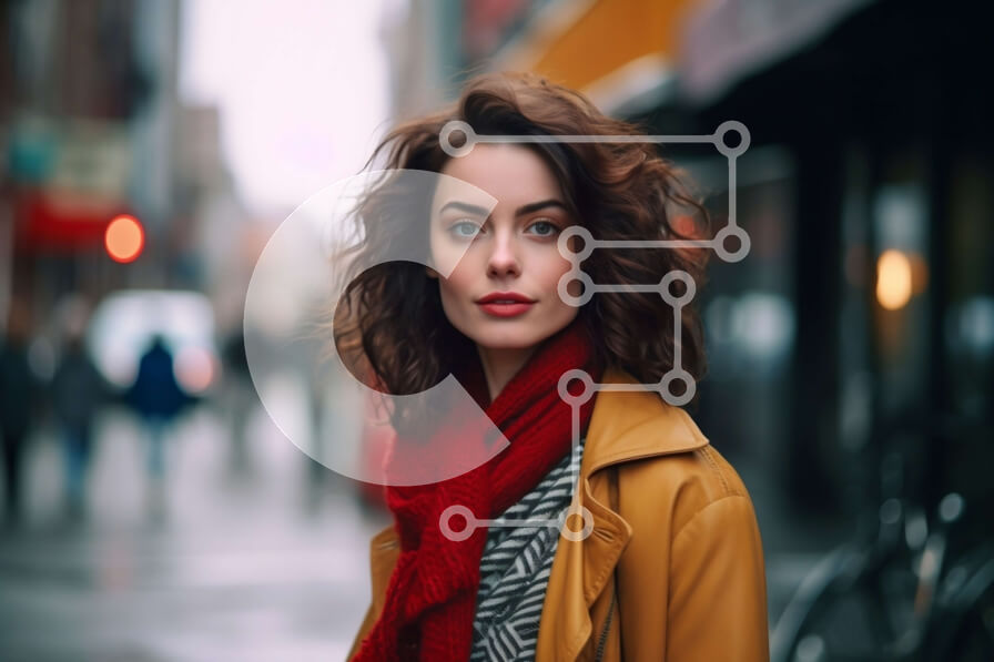 Intra Συλλεκτικό Ξύλινο Παζλ Plywood  4mm - Σοβαρή νεαρή γυναίκα στην οδό της πόλης με κίτρινο σακάκι και κόκκινο κασκόλ Σε Ξύλινο Κουτί - Διαστάσεις Puzzle: 10x10 cm – 25 κομμάτια