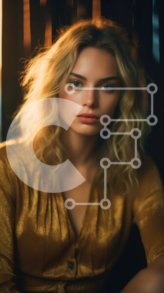 Intra Συλλεκτικό Ξύλινο Παζλ Plywood  4mm - Ξανθιά γυναίκα ποζάρει με χρυσή μπλούζα σε σκούρο φόντο Σε Ξύλινο Κουτί - Διαστάσεις Puzzle: 10x10 cm – 25 κομμάτια