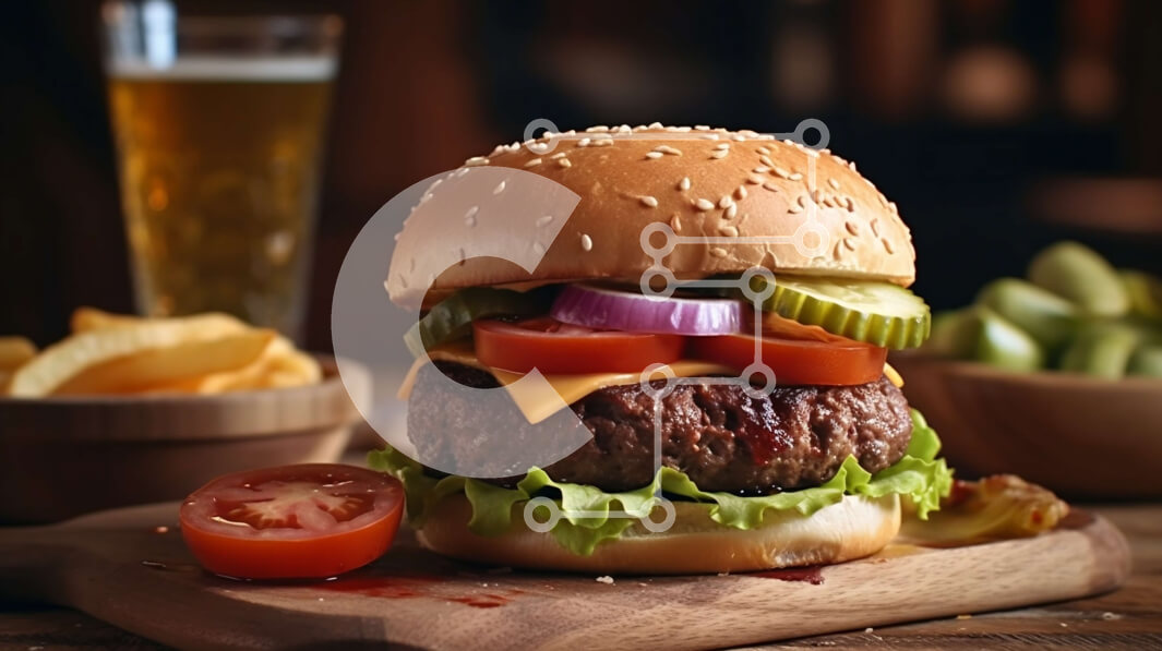 Σετ των 2 Intra Συλλεκτικό Ξύλινο Παζλ Plywood  4mm - Λαχταριστό cheeseburger με μαρούλι, ντομάτα και τουρσιά σε ξύλινη σανίδα Σε Ξύλινο Κουτί - Διαστάσεις: 10x10 cm – 25 κομμάτια