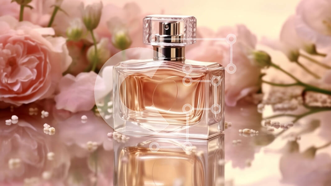 Intra Συλλεκτικό Ξύλινο Παζλ Plywood  4mm - Κομψή εικόνα ενός ροζ μπουκαλιού αρώματος που περιβάλλεται από τριαντάφυλλα Σε Ξύλινο Κουτί - Διαστάσεις Puzzle: 10x10 cm – 25 κομμάτια