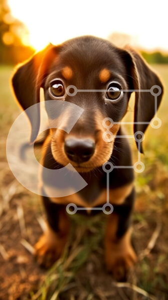 Σετ των 2 Intra Συλλεκτικό Ξύλινο Παζλ Plywood  4mm - Αξιολάτρευτο σκυλί Dachshund που κοιτάζει την κάμερα σε ένα όμορφο τοπίο ηλιοβασιλέματος Σε Ξύλινο Κουτί - Διαστάσεις: 10x10 cm – 25 κομμάτια