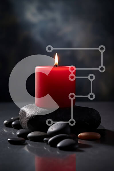 Intra Συλλεκτικό Ξύλινο Παζλ Plywood  4mm - Μυστηριώδες κόκκινο κερί που τρεμοπαίζει σε μαύρο φόντο με πέτρες Σε Ξύλινο Κουτί - Διαστάσεις Puzzle: 10x10 cm – 25 κομμάτια