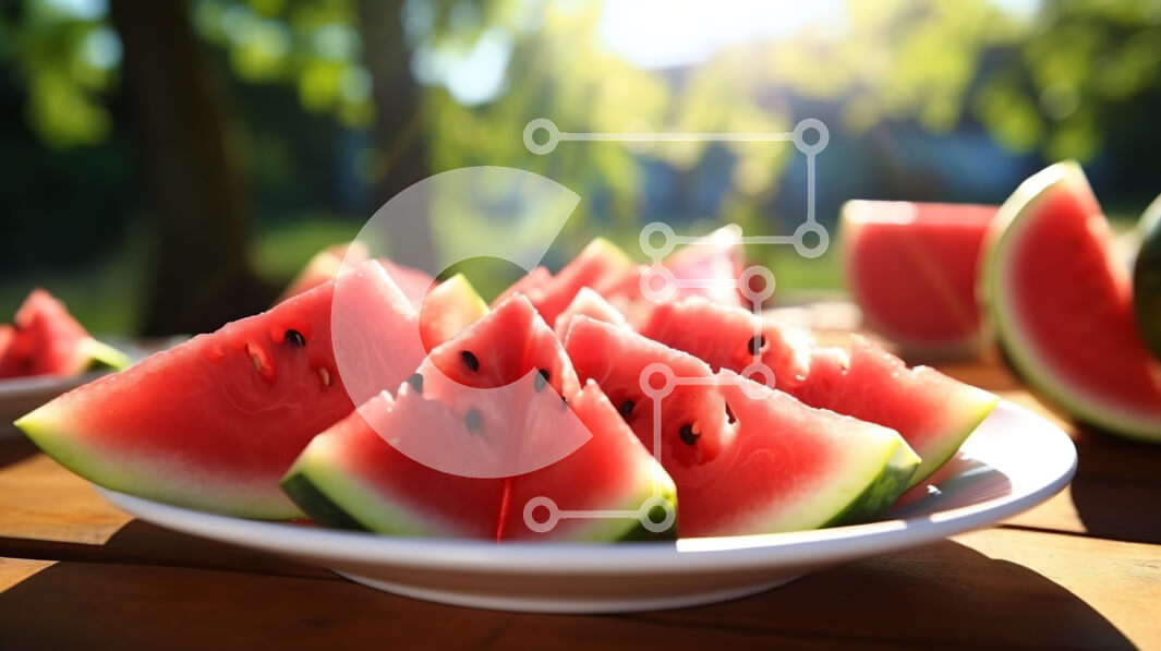 Σετ των 2 Intra Συλλεκτικό Ξύλινο Παζλ Plywood  4mm - Καρπούζι σε φέτες σε ξύλινο τραπέζι με σταγόνες νερού Σε Ξύλινο Κουτί - Διαστάσεις: 10x10 cm – 25 κομμάτια