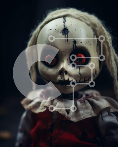 Intra Συλλεκτικό Ξύλινο Παζλ Plywood  4mm - Ανατριχιαστική κούκλα με μακριά μαλλιά και κόκκινα μάτια Σε Ξύλινο Κουτί - Διαστάσεις Puzzle: 10x10 cm – 25 κομμάτια