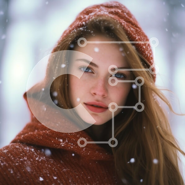 Intra Συλλεκτικό Ξύλινο Παζλ Plywood  4mm - Νεαρή γυναίκα με κόκκινα μαλλιά και κουκούλα που κοιτάζει την κάμερα στο χιόνι Σε Ξύλινο Κουτί - Διαστάσεις Puzzle: 10x10 cm – 25 κομμάτια