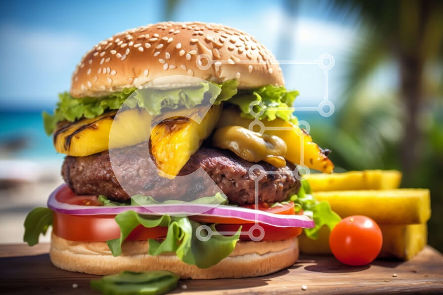 Σετ των 2 Intra Συλλεκτικό Ξύλινο Παζλ Plywood  4mm - Ζουμερό χάμπουργκερ με ανανά, κρεμμύδια και ντομάτες σε ένα ξύλινο τραπέζι Σε Ξύλινο Κουτί - Διαστάσεις: 10x10 cm – 25 κομμάτια