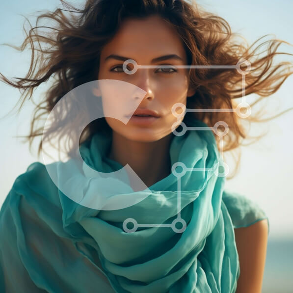 Intra Συλλεκτικό Ξύλινο Παζλ Plywood  4mm - Όμορφη εικόνα γυναίκας που στέκεται στην παραλία με τιρκουάζ μαντήλι Σε Ξύλινο Κουτί - Διαστάσεις: 10x10 cm – 25 κομμάτια