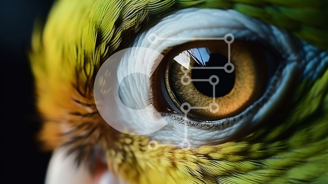 Intra Συλλεκτικό Ξύλινο Παζλ Plywood  4mm - Κοντινό πλάνο ενός πράσινου και κίτρινου ματιού παπαγάλου Σε Ξύλινο Κουτί - Διαστάσεις: 10x10 cm – 25 κομμάτια