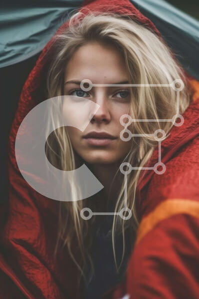 Intra Συλλεκτικό Ξύλινο Παζλ Plywood  4mm - Νεαρή γυναίκα σε υπνόσακο που στέκεται έξω στη βροχή Σε Ξύλινο Κουτί - Διαστάσεις Puzzle: 10x10 cm – 25 κομμάτια