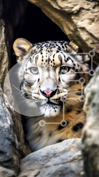 Σετ των 2 Intra Συλλεκτικό Ξύλινο Παζλ Plywood  4mm - Εκπληκτική εικόνα μιας λεοπάρδαλης του χιονιού που κρυφοκοιτάζει πίσω από έναν βράχο Σε Ξύλινο Κουτί - Διαστάσεις: 10x10 cm – 25 κομμάτια