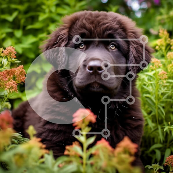 Intra Συλλεκτικό Ξύλινο Παζλ Plywood  4mm - Αξιολάτρευτη εικόνα του μαύρου κουταβιού της Νέας Γης στον κήπο των λουλουδιών Σε Ξύλινο Κουτί - Διαστάσεις: 10x10 cm – 25 κομμάτια