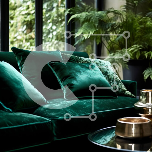 Intra Συλλεκτικό Ξύλινο Παζλ Plywood  4mm - Κομψός και άνετος καναπές από πράσινο βελούδο με θέα στη ζούγκλα Σε Ξύλινο Κουτί - Διαστάσεις Puzzle: 10x10 cm – 25 κομμάτια