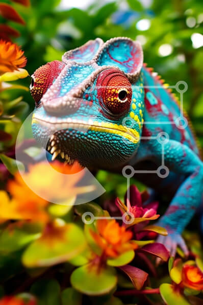 Σετ των 2 Intra Συλλεκτικό Ξύλινο Παζλ Plywood  4mm - Ζωντανή εικόνα ενός χαμαιλέοντα σε ένα φύλλο με πολύχρωμα λουλούδια στο φόντο Σε Ξύλινο Κουτί - Διαστάσεις: 10x10 cm – 25 κομμάτια