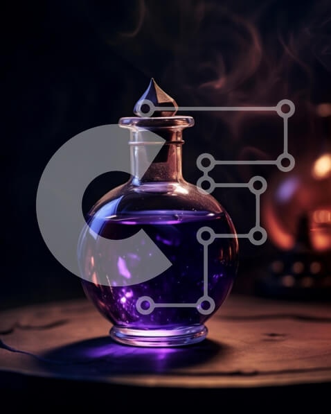 Σετ των 2 Intra Συλλεκτικό Ξύλινο Παζλ Plywood  4mm - Εκπληκτική εικόνα μωβ υγρού σε γυάλινο μπουκάλι σε ξύλινο τραπέζι Σε Ξύλινο Κουτί - Διαστάσεις: 10x10 cm – 25 κομμάτια