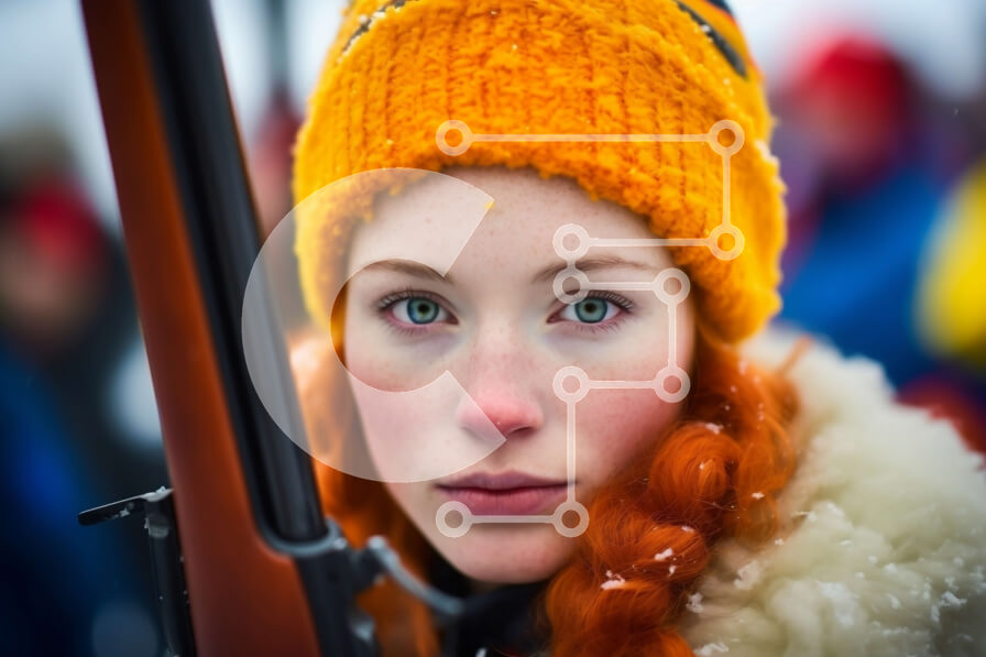 Intra Συλλεκτικό Ξύλινο Παζλ Plywood  4mm - Κομψή γυναίκα που κρατά ένα τουφέκι και φοράει ένα κίτρινο φασόλι Σε Ξύλινο Κουτί - Διαστάσεις Puzzle: 10x10 cm – 25 κομμάτια