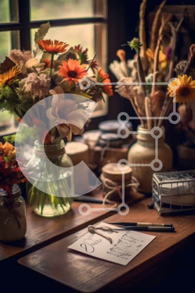 Intra Συλλεκτικό Ξύλινο Παζλ Plywood  4mm - Ξύλινο γραφείο με αποξηραμένα λουλούδια και φωτογραφία με θέα στον κήπο Σε Ξύλινο Κουτί - Διαστάσεις Puzzle: 10x10 cm – 25 κομμάτια