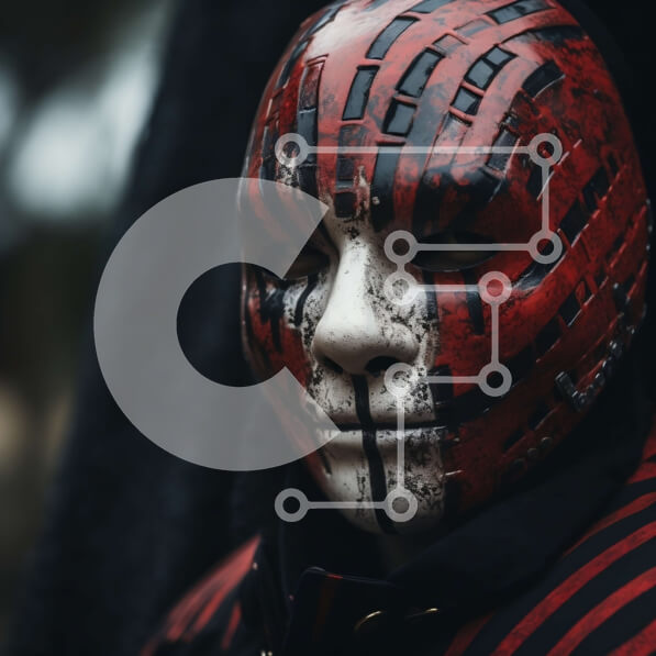 Intra Συλλεκτικό Ξύλινο Παζλ Plywood  4mm - Άτομο που φοράει κόκκινη και μαύρη μάσκα με άσπρες ρίγες Σε Ξύλινο Κουτί - Διαστάσεις Puzzle: 10x10 cm – 25 κομμάτια