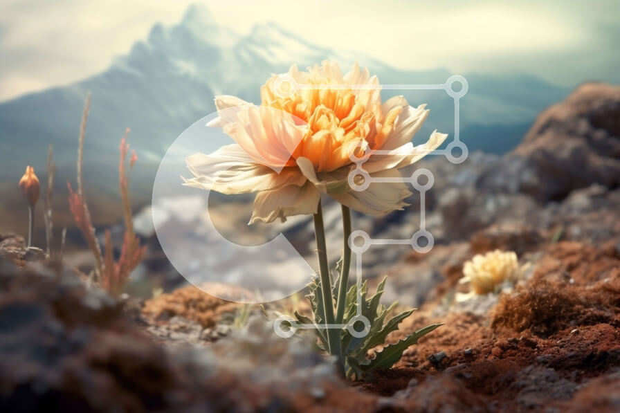 Intra Συλλεκτικό Ξύλινο Παζλ Plywood  4mm - Εκπληκτική εικόνα ενός ενιαίου πορτοκαλί λουλουδιού σε μια βραχώδη πλαγιά με βουνά στο φόντο Σε Ξύλινο Κουτί - Διαστάσεις: 10x10 cm – 25 κομμάτια