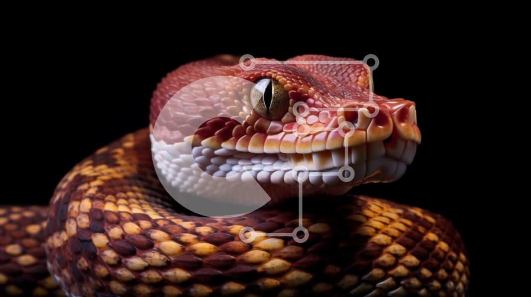 Σετ των 2 Intra Συλλεκτικό Ξύλινο Παζλ Plywood  4mm - Κοντινή εικόνα του κεφαλιού ενός φιδιού με κόκκινο και κίτρινο σχέδιο Σε Ξύλινο Κουτί - Διαστάσεις: 10x10 cm – 25 κομμάτια