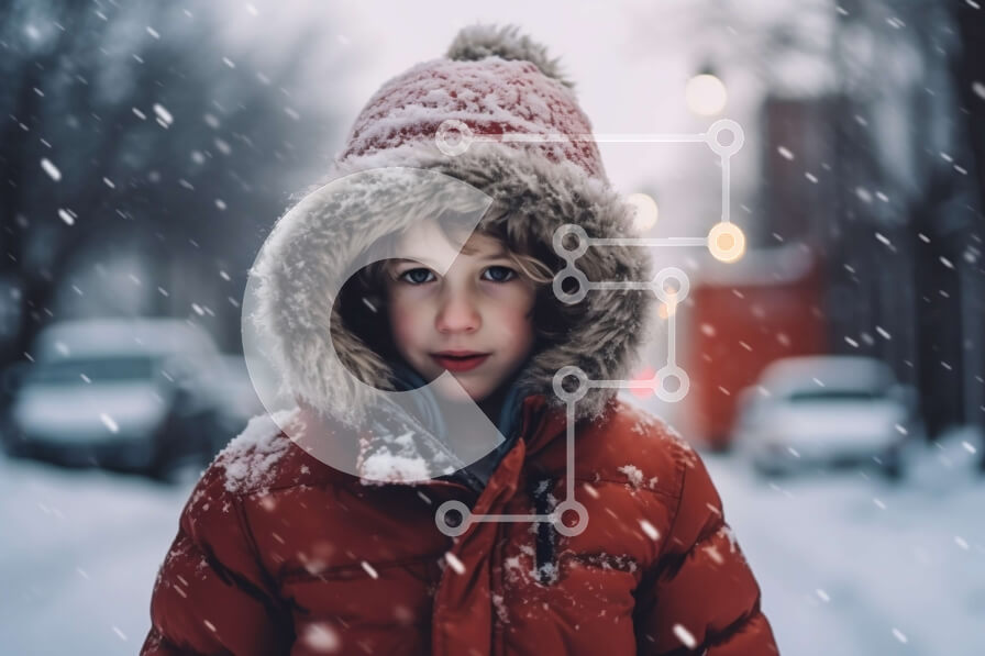 Intra Συλλεκτικό Ξύλινο Παζλ Plywood  4mm - Το σοβαρό νεαρό αγόρι με κόκκινο σακάκι στέκεται στη Snowy Street Σε Ξύλινο Κουτί - Διαστάσεις Puzzle: 10x10 cm – 25 κομμάτια