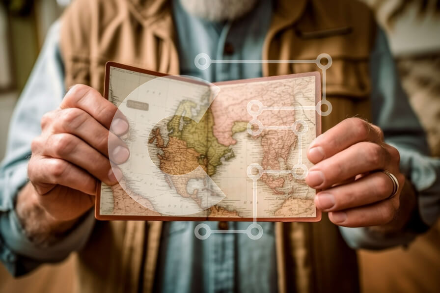 Intra Συλλεκτικό Ξύλινο Παζλ Plywood  4mm - Περίεργος ηλικιωμένος άνδρας που κρατά μια ντεμοντέ υδρόγειο Σε Ξύλινο Κουτί - Διαστάσεις Puzzle: 10x10 cm – 25 κομμάτια