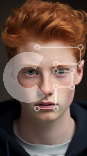 Intra Συλλεκτικό Ξύλινο Παζλ Plywood  4mm - Νεαρός άνδρας με κόκκινα μαλλιά και μπλε μάτια με μαύρο κουκούλα Σε Ξύλινο Κουτί - Διαστάσεις Puzzle: 10x10 cm – 25 κομμάτια