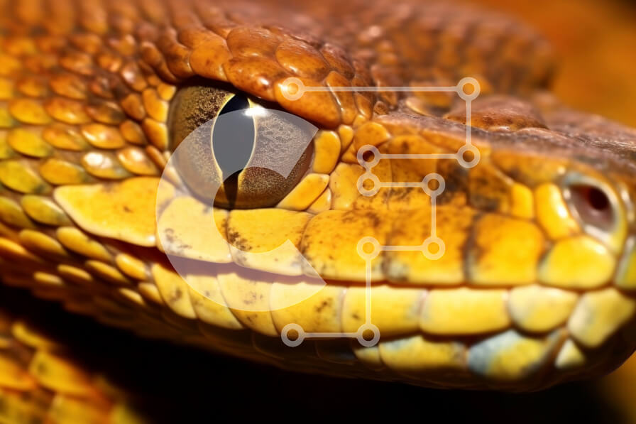 Σετ των 2 Intra Συλλεκτικό Ξύλινο Παζλ Plywood  4mm - Όμορφη κοντινή εικόνα του κεφαλιού ενός φιδιού με κίτρινες και καφέ κλίμακες Σε Ξύλινο Κουτί - Διαστάσεις: 10x10 cm – 25 κομμάτια