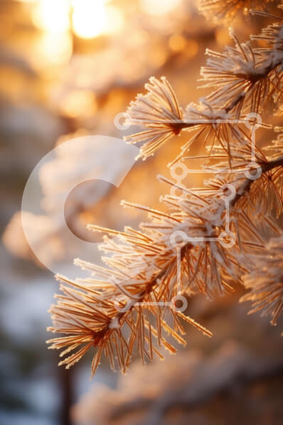 Σετ των 2 Intra Συλλεκτικό Ξύλινο Παζλ Plywood  4mm - Κοντινή όψη του κλαδιού πεύκου καλυμμένου με παγετό με το φως του ήλιου Σε Ξύλινο Κουτί - Διαστάσεις: 10x10 cm – 25 κομμάτια