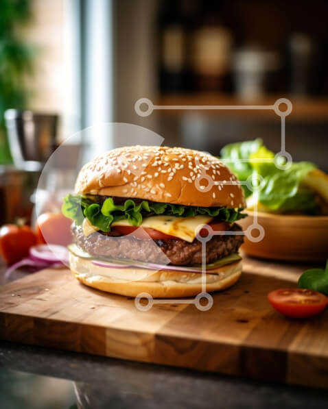 Σετ των 2 Intra Συλλεκτικό Ξύλινο Παζλ Plywood  4mm - Γλυκιά εικόνα ενός χάμπουργκερ με μαρούλι, ντομάτα και τυρί σε ξύλινο ξύλο κοπής Σε Ξύλινο Κουτί - Διαστάσεις: 10x10 cm – 25 κομμάτια