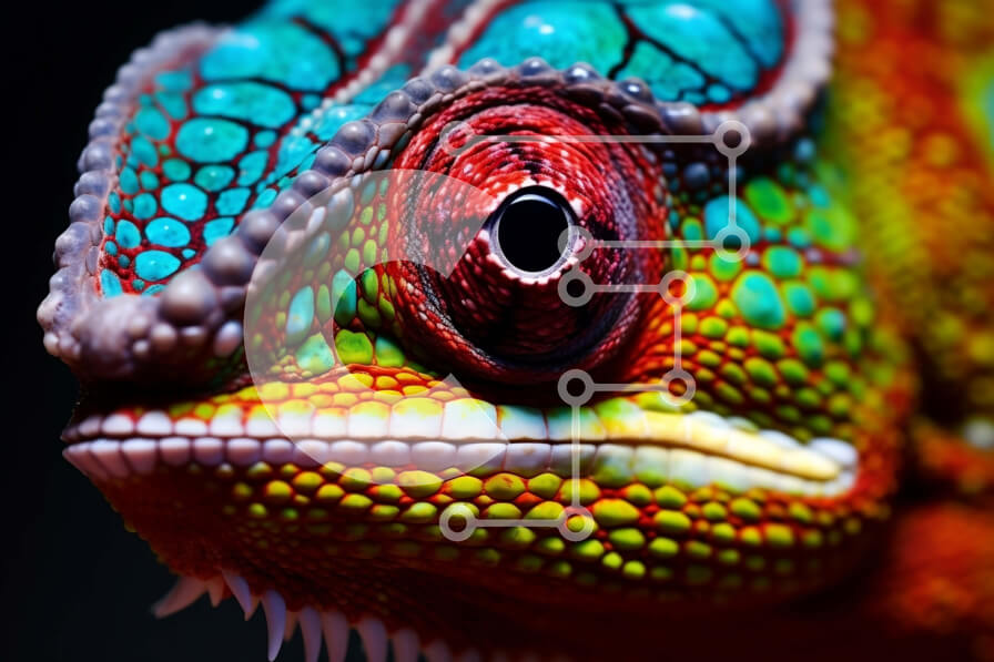 Σετ των 2 Intra Συλλεκτικό Ξύλινο Παζλ Plywood  4mm - Δονούμενη κινηματογράφηση σε πρώτο πλάνο του προσώπου ενός χαμαιλέοντα με φωτεινά κίτρινα μάτια Σε Ξύλινο Κουτί - Διαστάσεις: 10x10 cm – 25 κομμάτια