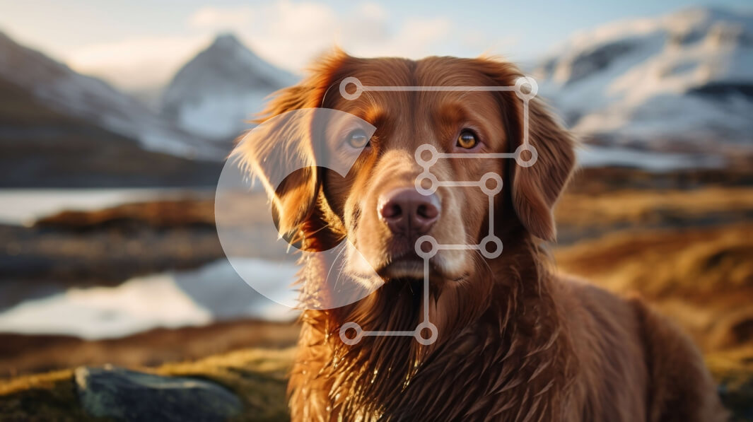 Intra Συλλεκτικό Ξύλινο Παζλ Plywood  4mm - Καφέ σκυλί που κάθεται δίπλα στο νερό με θέα στο βουνό Σε Ξύλινο Κουτί - Διαστάσεις: 10x10 cm – 25 κομμάτια