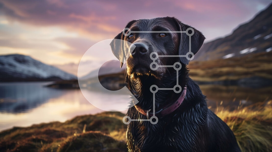 Intra Συλλεκτικό Ξύλινο Παζλ Plywood  4mm - Μαύρος σκύλος Labrador Retriever στη βραχώδη ακτή με φόντο το βουνό Σε Ξύλινο Κουτί - Διαστάσεις: 10x10 cm – 25 κομμάτια