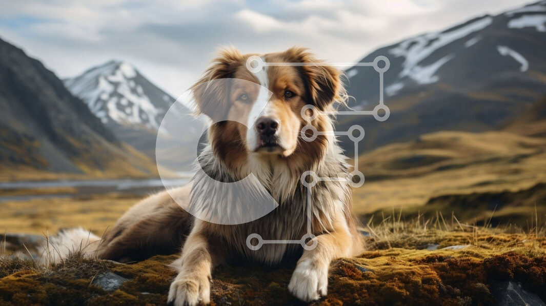 Σετ των 2 Intra Συλλεκτικό Ξύλινο Παζλ Plywood  4mm - Καφέ και λευκό σκυλί σε βραχώδες έδαφος με βουνά στο φόντο Σε Ξύλινο Κουτί - Διαστάσεις: 10x10 cm – 25 κομμάτια