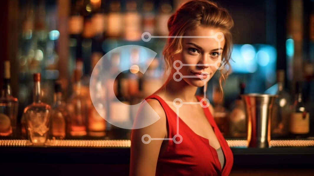 Intra Συλλεκτικό Ξύλινο Παζλ Plywood  4mm - Κομψή γυναίκα με κόκκινο φόρεμα σε ένα αμυδρά φωτισμένο μπαρ Σε Ξύλινο Κουτί - Διαστάσεις Puzzle: 10x10 cm – 25 κομμάτια