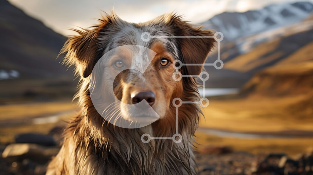 Σετ των 2 Intra Συλλεκτικό Ξύλινο Παζλ Plywood  4mm - Σοβαρό καφέ και άσπρο σκυλί σε βραχώδες έδαφος με βουνά στο βάθος Σε Ξύλινο Κουτί - Διαστάσεις: 10x10 cm – 25 κομμάτια