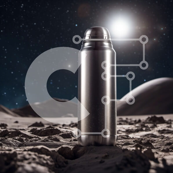 Intra Συλλεκτικό Ξύλινο Παζλ Plywood  4mm - Μπουκάλι νερού από ανοξείδωτο χάλυβα σε βράχους με φόντο το φεγγάρι Σε Ξύλινο Κουτί - Διαστάσεις: 10x10 cm – 25 κομμάτια