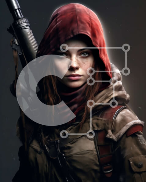 Intra Συλλεκτικό Ξύλινο Παζλ Plywood  4mm - Γυναίκα που κρατά ένα τουφέκι με κόκκινο κουκούλα Σε Ξύλινο Κουτί - Διαστάσεις Puzzle: 10x10 cm – 25 κομμάτια