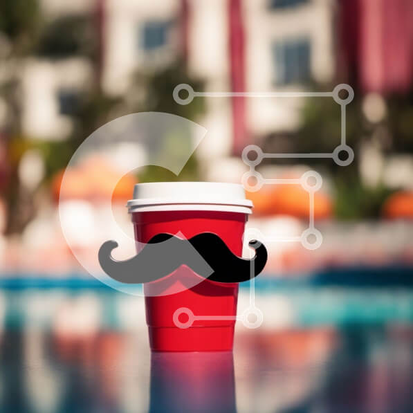 Intra Συλλεκτικό Ξύλινο Παζλ Plywood  4mm - Αυτοκόλλητο κόκκινο κύπελλο με μουστάκι στο τραπέζι δίπλα στην πισίνα Σε Ξύλινο Κουτί - Διαστάσεις Puzzle: 10x10 cm – 25 κομμάτια