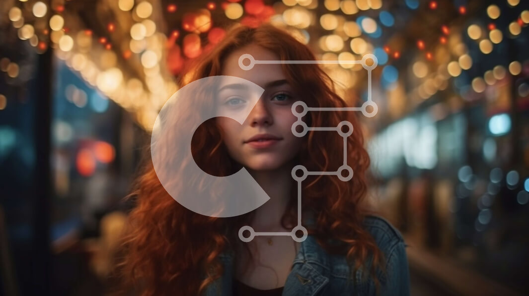 Intra Συλλεκτικό Ξύλινο Παζλ Plywood  4mm - Σοβαρή νεαρή γυναίκα με τζιν μπουφάν που στέκεται στα πολύχρωμα νυχτερινά φώτα Σε Ξύλινο Κουτί - Διαστάσεις Puzzle: 10x10 cm – 25 κομμάτια