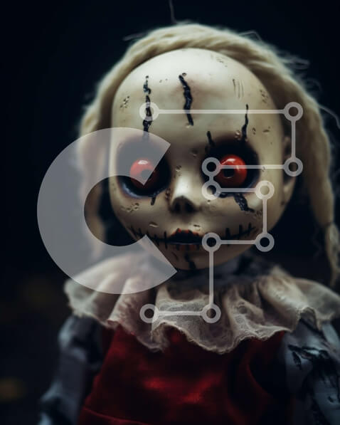 Intra Συλλεκτικό Ξύλινο Παζλ Plywood  4mm - Ανατριχιαστική κούκλα με κόκκινα μάτια - Vintage ή αντίκα Σε Ξύλινο Κουτί - Διαστάσεις Puzzle: 10x10 cm – 25 κομμάτια