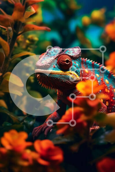 Σετ των 2 Intra Συλλεκτικό Ξύλινο Παζλ Plywood  4mm - Ζωντανός χαμαιλέοντας που κάθεται σε ένα κλαδί με λουλουδάτο σκηνικό Σε Ξύλινο Κουτί - Διαστάσεις: 10x10 cm – 25 κομμάτια