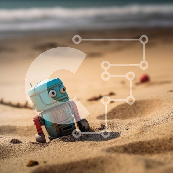 Intra Συλλεκτικό Ξύλινο Παζλ Plywood  4mm - Χαριτωμένο ρομπότ παιχνιδιών που κάθεται στην άμμο στην άκρη του νερού Σε Ξύλινο Κουτί - Διαστάσεις Puzzle: 10x10 cm – 25 κομμάτια