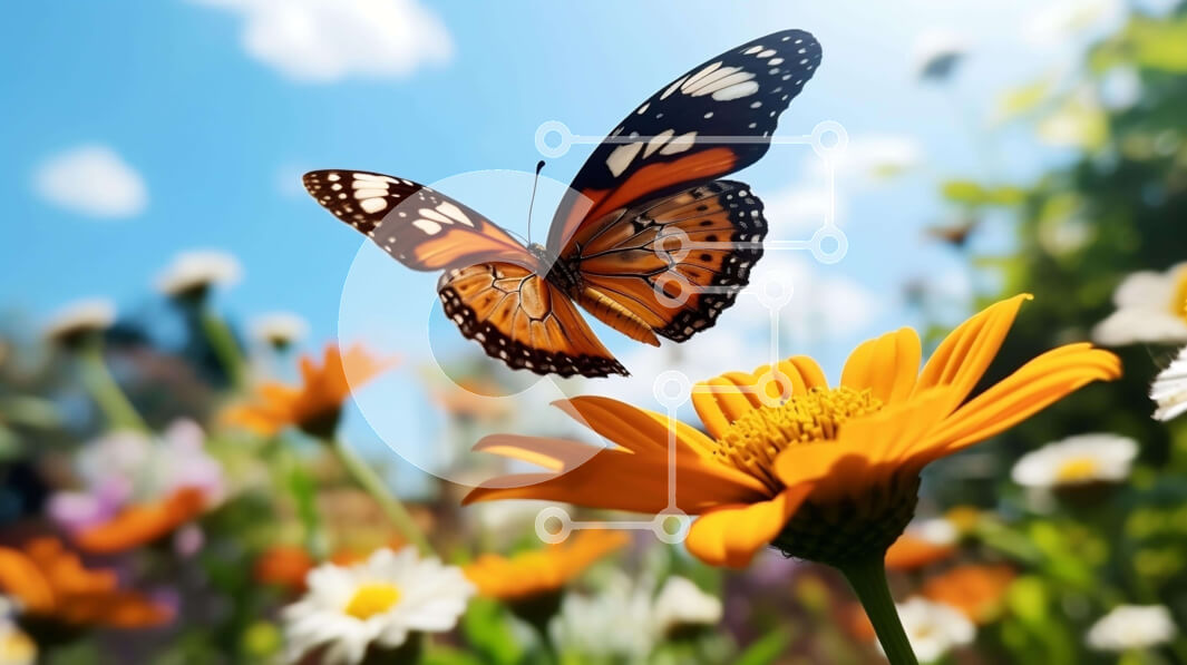 Intra Συλλεκτικό Ξύλινο Παζλ Plywood  4mm - Πεταλούδα που πετά πάνω από μαργαρίτες και λουλούδια με μπλε ουρανό και σύννεφα Σε Ξύλινο Κουτί - Διαστάσεις: 10x10 cm – 25 κομμάτια