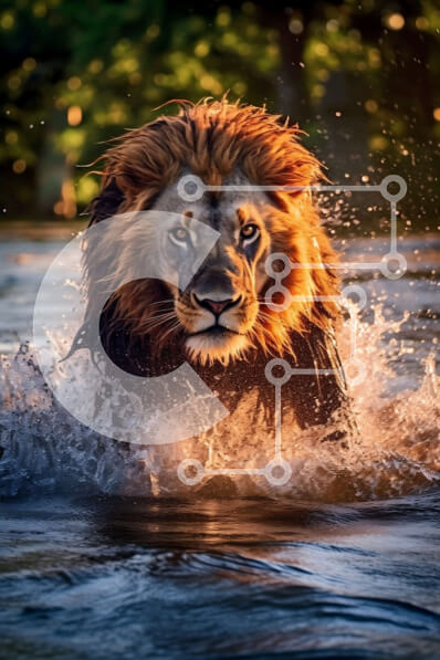 Σετ των 2 Intra Συλλεκτικό Ξύλινο Παζλ Plywood  4mm - Ένα λιοντάρι που τρέχει μέσα από το νερό: μια ισχυρή και μεγαλειώδης εικόνα Σε Ξύλινο Κουτί - Διαστάσεις: 10x10 cm – 25 κομμάτια